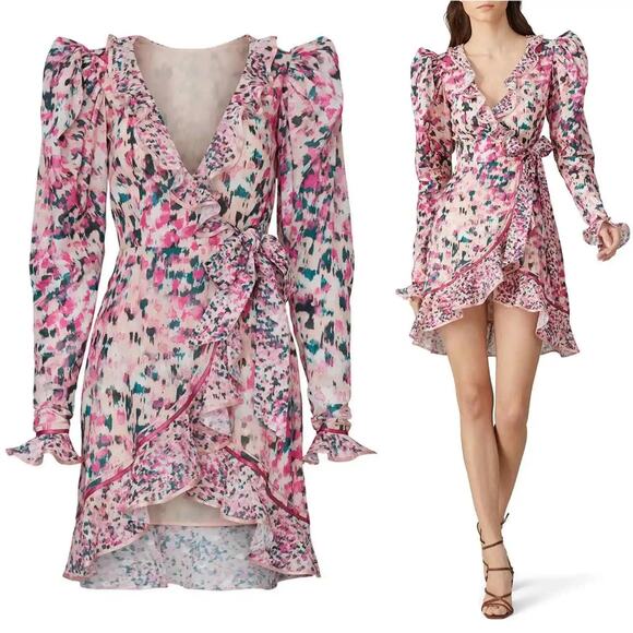 Rococo Sand Mimi Wrap Dress Print Pink Ruffle Long Puff Sleeve V-Neck Sz L - Picture 5 of 12